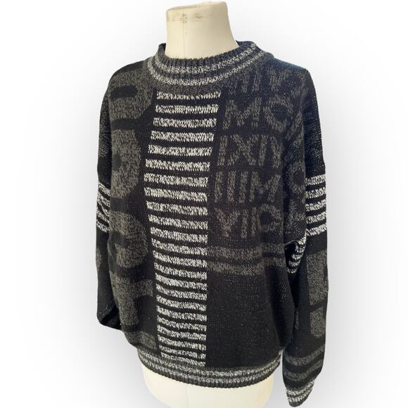 Vintage 90's Crewneck Sweater Black & Gray Patterned Ground Zero Men's XL Preppy - Picture 4 of 8
